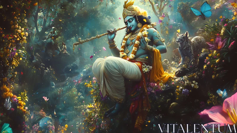 Divine blue deity playing flute in luminous forest grove.