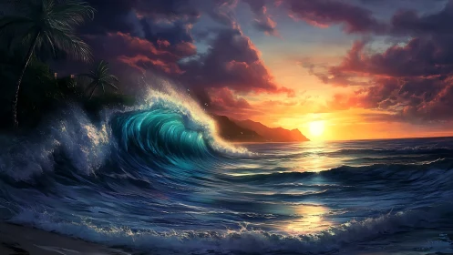 Sunset surf curling toward a glowing tropical horizon.