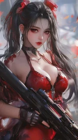 Red-clad anime sniper girl holding rifle in city scene.
