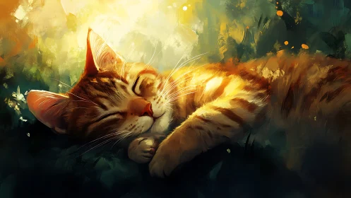 Glowing Dreams: A Cat's Golden Slumber.