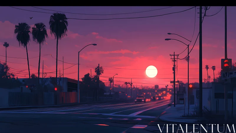 Glowing sunset settles gently over a quiet palm-lined road