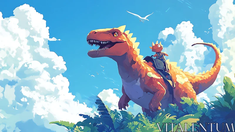 Orange dinosaur with small rider under bright sky.