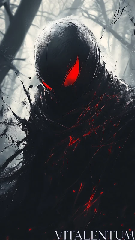 Midnight wraith with ember eyes stalking the ashen forest.