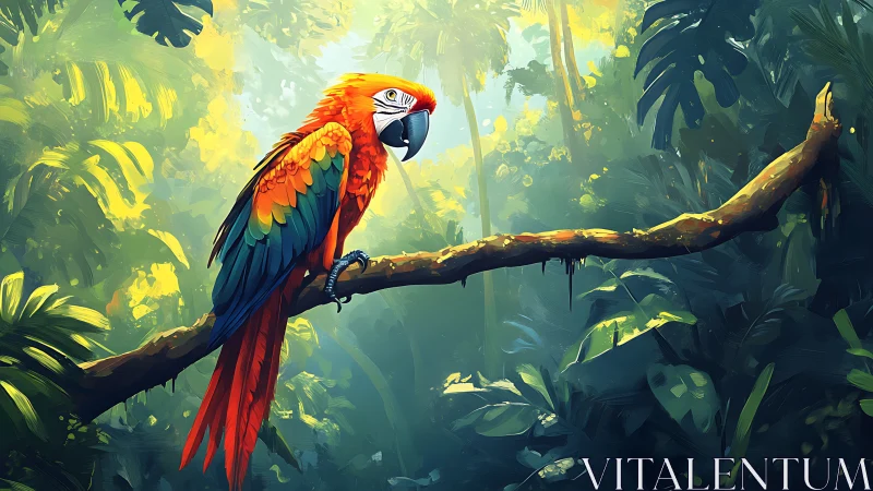 Scarlet macaw on mossy branch in backlit tropical rainforest