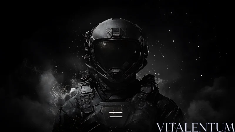 Armored space soldier in black tactical exosuit portrait.