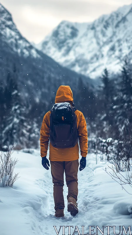 Solo hiker walks snowy forest trail toward mountain pass.