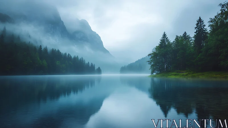 Misty alpine lake reflecting pines and looming mountains.
