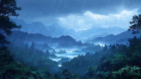 Rain-soaked valley hums softly beneath misty blue mountains