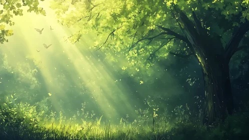 Sunlit Forest Glade with Tree and Butterflies in Dreamy Art Style.