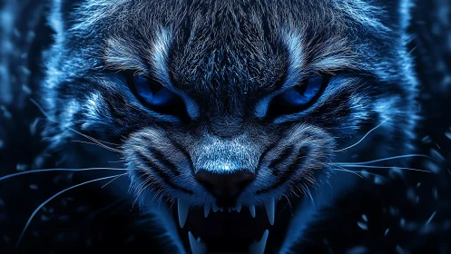 Fierce blue-eyed wildcat gazes forward with untamed power