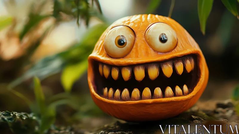Orange monster figure with exaggerated teeth on foliage.