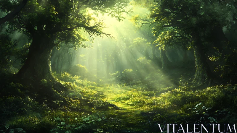 Enchanted forest illuminated by golden sunlight streaming through canopy.