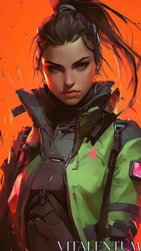 Cyberpunk operative portrait in tactical green armor, orange field