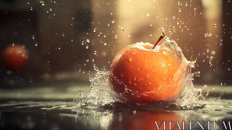 Crisp orange apple splashing through dramatic backlit water.