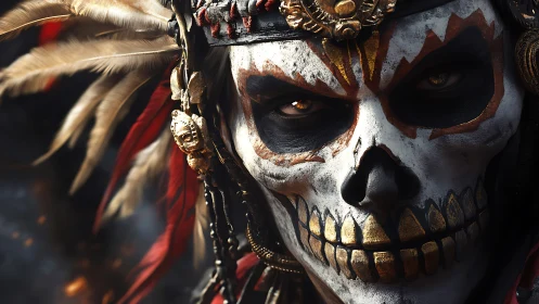 Skull-painted warrior portrait with gold trim and feathers.