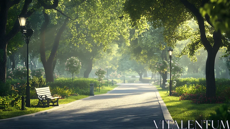 Sunlit tree lined park path with benches and lampposts