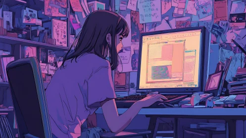 Night coder immersed in glowing screen within cluttered studio