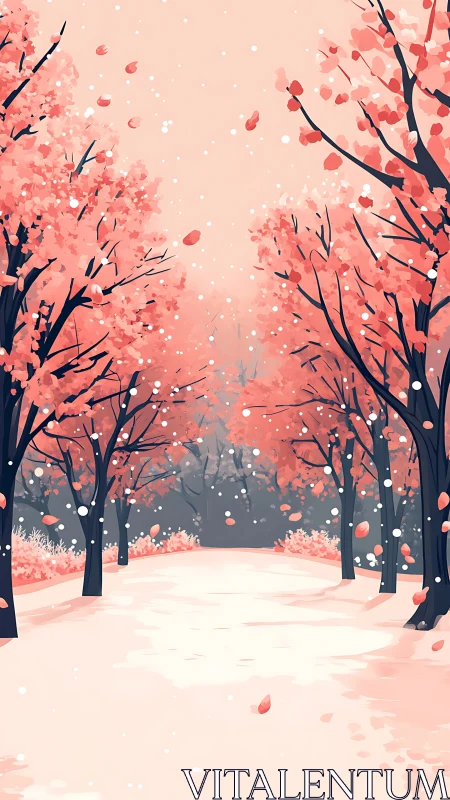 Gentle pink forest path where drifting petals meet soft snow.