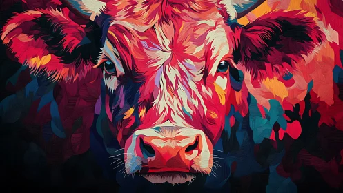 Vivid multicolor cow portrait blends rural charm and bold art.
