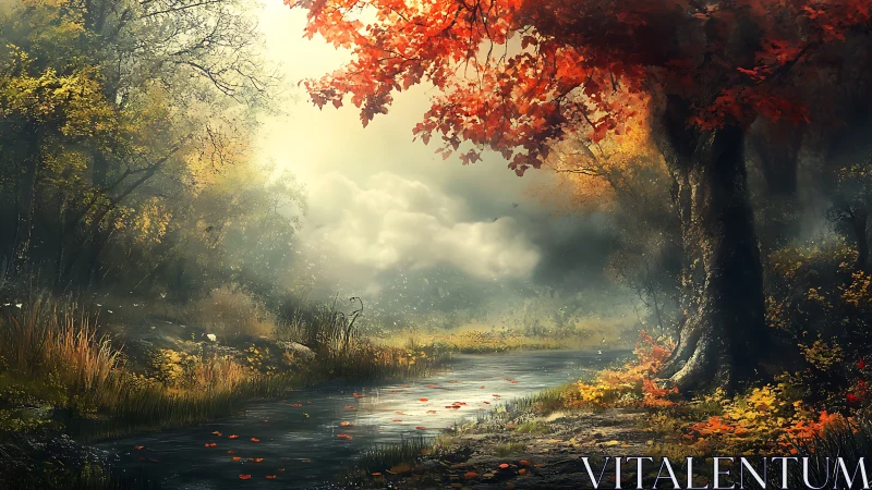 Autumn Forest Stream with Golden Sunlight.