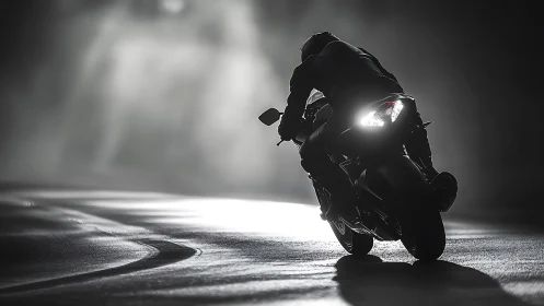 Motorcyclist rides sport bike through dark, backlit curve