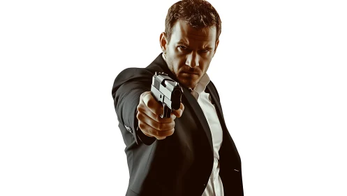 Cold-eyed agent levels pistol in stark white void.