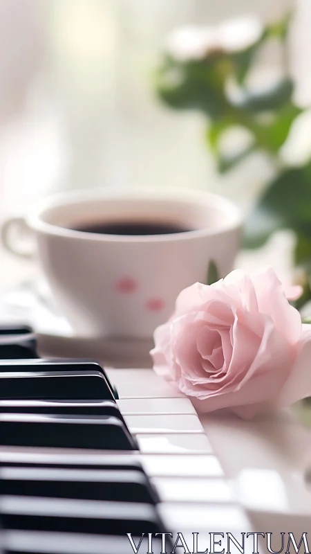 Shallow depth-of-field study of piano keys, rose, and coffee cup