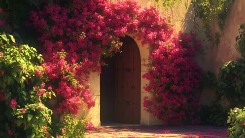 Arched doorway framed by dense magenta flowering vines.