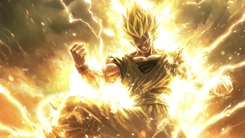 Golden-haired anime fighter surrounded by intense energy field.