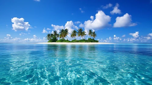 Small tropical island with palm trees surrounded by turquoise ocean water