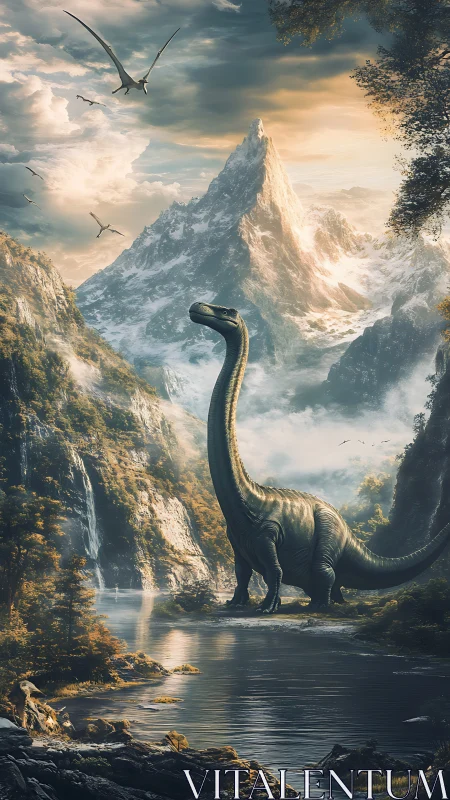 Gentle dinosaur wanders calmly through a misty valley river