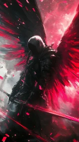 Crimson-winged shadow knight poised between fire and mist.