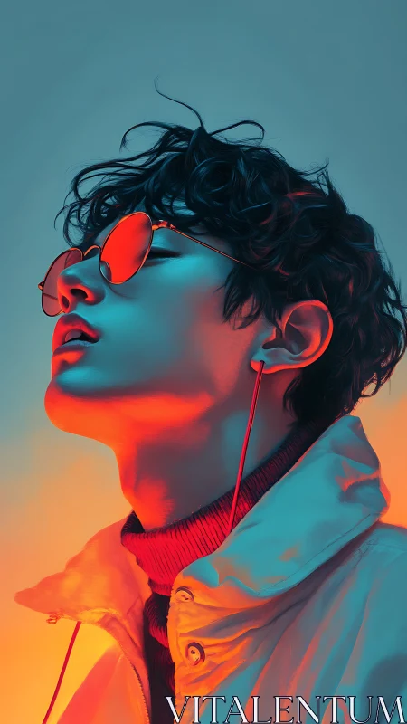 Neon-lit portrait of youth in reflective orange sunglasses.