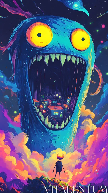 Colossal nebula beast devouring neon cityscape in void.