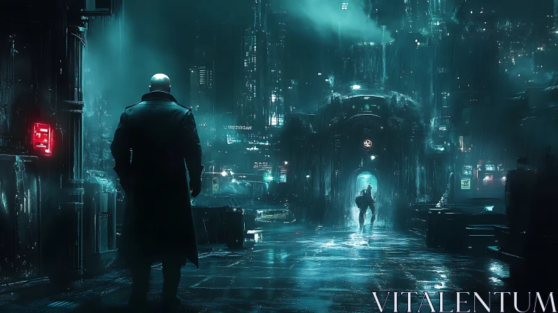 Cyberpunk alley with two figures in rainy neon cityscape.