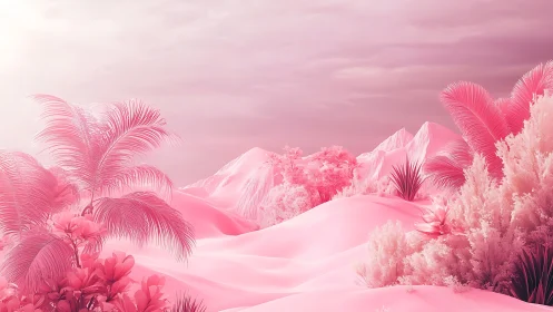 Dreamy pink desert oasis glows softly under a hazy sky