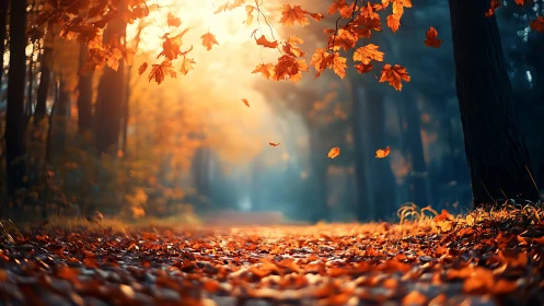 Autumn Forest Path Bathed in Golden Sunlight Through Falling Leaves