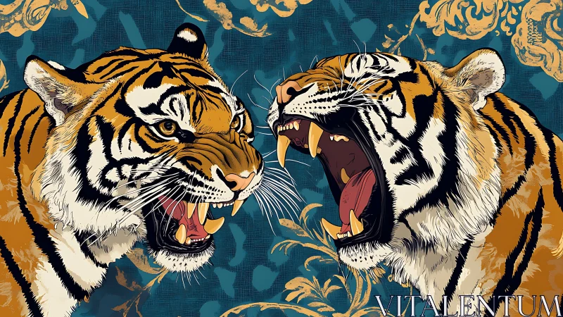 Twin roars on teal velvet: baroque tigers in mid-clash.