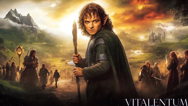 Elf warrior leads embattled fellowship toward distant citadel.