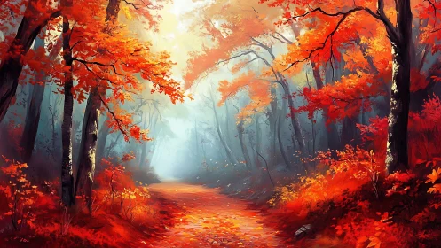 Radiant Autumn Forest Path Bathed in Golden Light.
