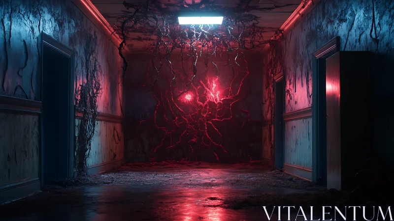 Bioluminescent root network invading derelict corridor interior.