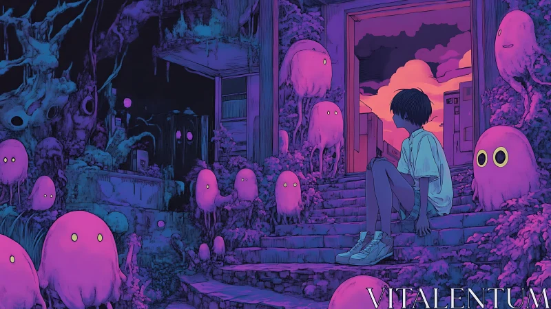 Teen on neon steps meet glowing spirit creatures at dusk