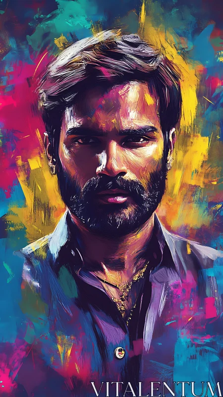 Vivid digital portrait of intense bearded man in neon hues.