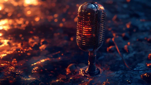 Vintage metal microphone stands glowing on wet reflective ground