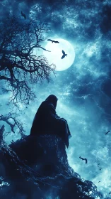 Hooded figure watches full moon above spectral ravine