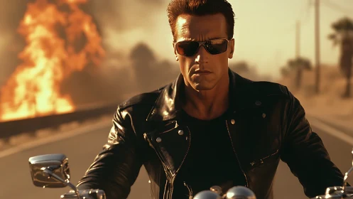 Motorcyclist in black leather jacket rides past highway explosion