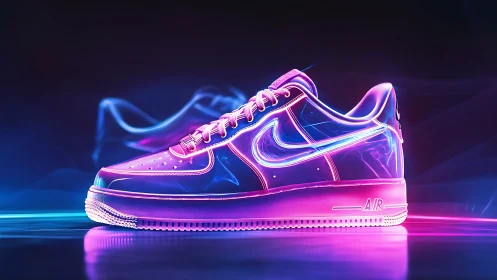 Neon Nike sneaker in glowing purple and blue light profile.