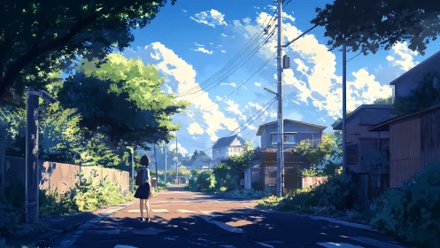 Summer street solitude beneath towering clouds at dusk.