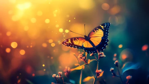 Digital painting of monarch butterfly in glowing bokeh field.