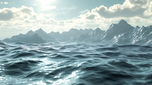 Ocean surface with distant icy mountains under clouded sky.